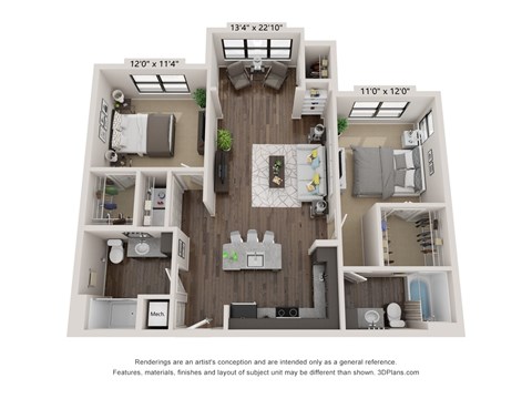 Floor plan for 2 beds, 2 baths, 1106 sqft